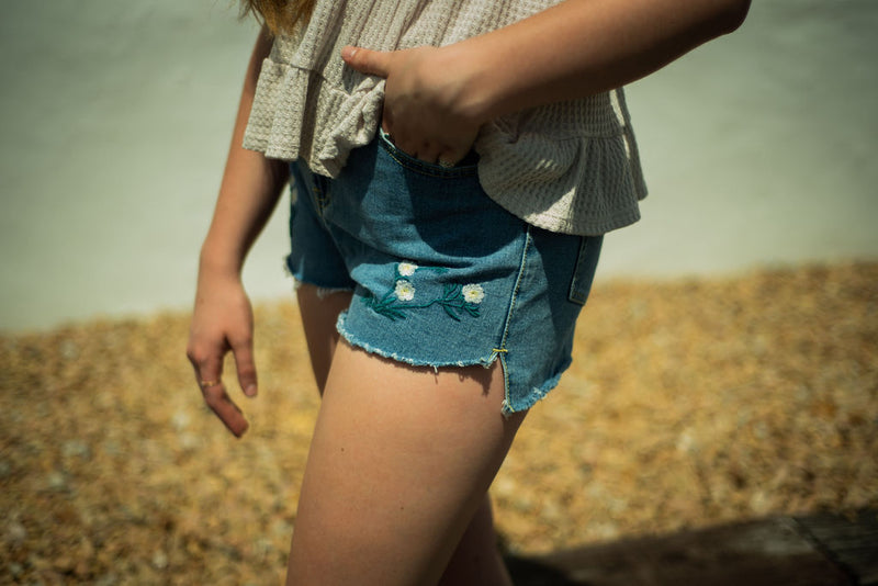 Denim Shorts with Flower Embroidery