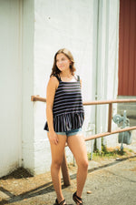 Black Tank with blue and red stripes