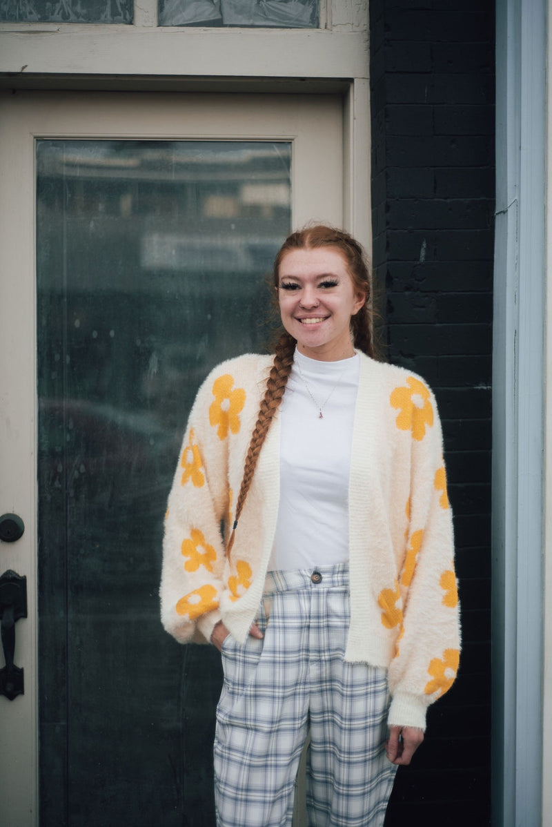 Cream Cardigan with Yellow Flowers