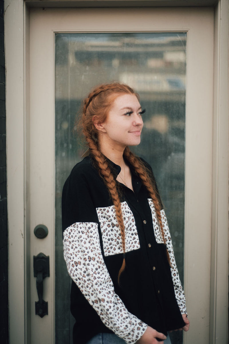 Black Corduroy Shacket with Cheetah-print Sleeves