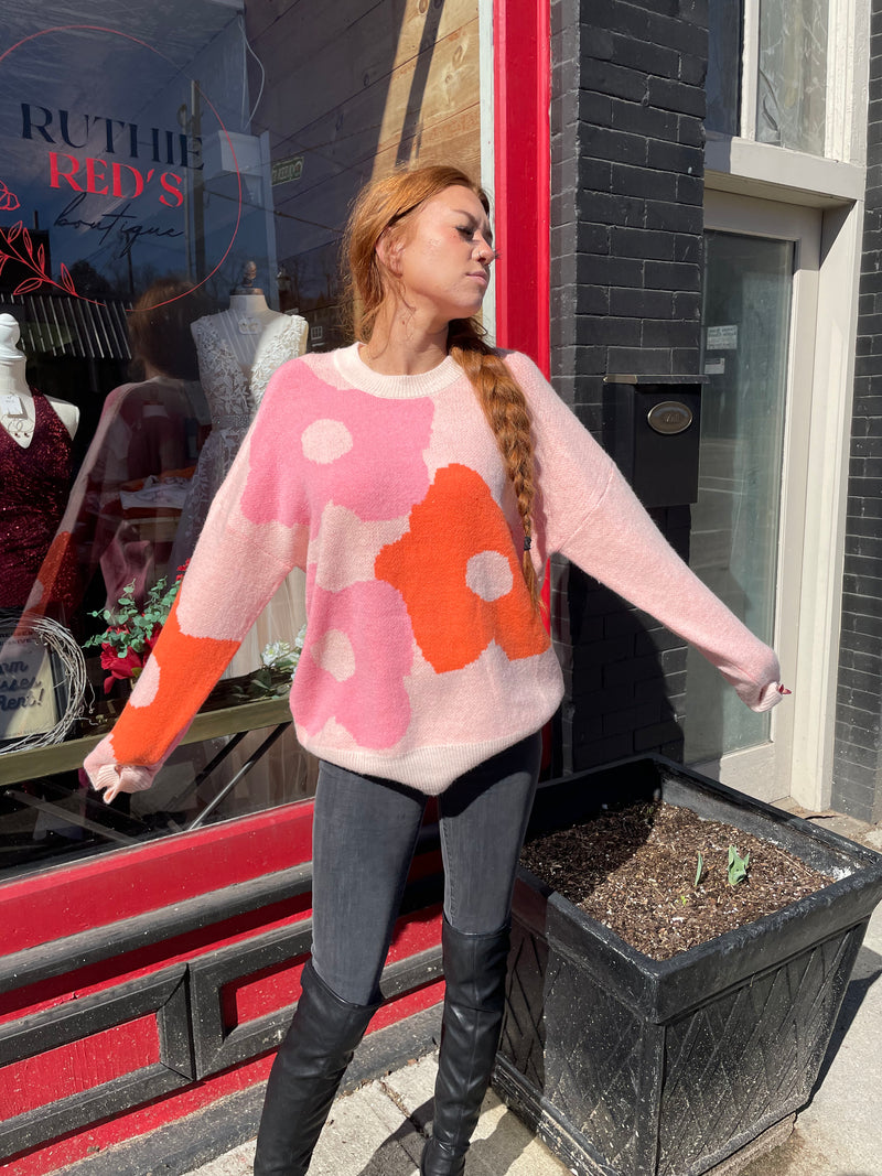 Pink Sweater with 60's Flowers